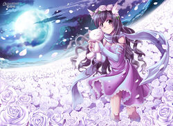  absurdres bridal_gauntlets cloud commentary_request commission dress female field flower flower_field full_moon head_wings highres moon night night_sky original outdoors petals photoshop_(medium) purple_dress purple_eyes purple_hair rose rose_petals shawl sky smile solo songwut_ouppakarndee stuffed_animal stuffed_toy white_flower white_rose wings 