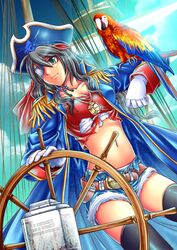  absurdres belt bird black_hair black_thighhighs blue_shorts cloud coat commentary_request cutoffs day denim denim_shorts epaulettes eyepatch female gloves green_eyes hat highres jewelry macaw midriff navel open_fly original parrot pendant photoshop_(medium) pirate pirate_hat sarashi scarlet_macaw shiny_skin ship ship&#039;s_wheel shorts skindentation sky solo songwut_ouppakarndee thighhighs torn_clothes tricorne unzipped watercraft 