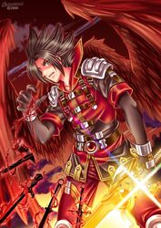  1boy absurdres armor axe belt black_hair blood cloud commentary_request commission copyright_request dagger feathers gloves green_eyes grin highres injury knife magic male_focus multiple_swords multiple_weapons sky smile solo songwut_ouppakarndee sword weapon wings 