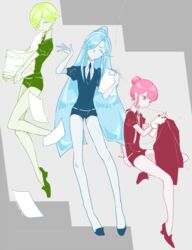  3others alexandrite_(houseki_no_kuni) androgynous black_footwear black_necktie black_shorts blue_eyes blue_hair cojima commentary_request dated gem_uniform_(houseki_no_kuni) green_eyes green_hair hair_bun houseki_no_kuni long_hair multiple_others necktie one_eye_closed peridot_(houseki_no_kuni) pink_eyes pink_hair red_beryl_(houseki_no_kuni) sewing shirt short_hair short_sleeves shorts signature single_hair_bun uniform white_shirt 