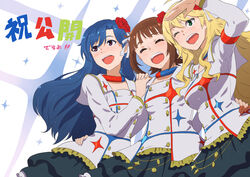  3girls ahoge amami_haruka blonde_hair blue_hair blush choker closed_eyes commentary_request countdown flower green_eyes hair_flower hair_ornament hoshii_miki idolmaster idolmaster_(classic) kisaragi_chihaya long_hair multiple_girls nekoi_mie one_eye_closed rose short_hair smile starpiece_memories_(idolmaster) translation_request 