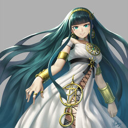  :d armlet bare_shoulders blunt_bangs bracelet bracer breasts cleopatra_(fate) cleopatra_(third_ascension)_(fate) commentary_request dress earrings fate/grand_order fate_(series) female green_eyes green_hair hairband highres hoop_earrings jewelry long_hair looking_at_viewer medium_breasts navel necklace nhaliz open_mouth ring signature smile solo thumb_ring very_long_hair white_dress 