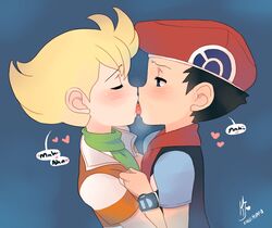  2boys bad_id bad_pixiv_id barry_(pokemon) black_hair blonde_hair blush closed_eyes french_kiss hat kalechip kissing lucas_(pokemon) male_focus multiple_boys pokemon pokemon_dppt scarf yaoi 