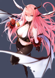  :d arm_belt armlet armor belt boots bracelet breasts chaos_(dungeon_and_fighter) cleavage commentary crop_top demon_wings dungeon_and_fighter female fingerless_gloves from_above fur_trim gloves hair_between_eyes head_wings highres horns huge_breasts jewelry kincora knight_(dungeon_and_fighter) licking_lips long_hair looking_at_viewer low_wings midriff multiple_wings navel open_mouth pantyhose photoshop_(medium) pink_hair purple_eyes red_gloves simple_background sleeveless smile solo spiked_bracelet spikes tank_top tongue tongue_out torn_clothes torn_pantyhose torn_wings very_long_hair wings 