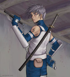  1boy anbu grey_hair hatake_kakashi kusarigama looking_back male_focus naruto naruto_(series) no_mask paintpixel photoshop_(medium) scar scar_across_eye scar_on_face shoulder_tattoo sickle solo sword tattoo weapon 