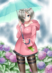  absurdres alternate_costume black_pantyhose blue_eyes breasts commentary_request female flower grey_hair hamakaze_(kancolle) highres hood hoodie hydrangea kantai_collection large_breasts long_sleeves meteolance pantyhose rain short_hair skirt solo umbrella 