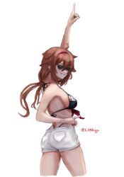  adapted_costume arm_up bikini black_bikini brown_hair female front-tie_bikini_top front-tie_top grin hair_flaps hairband highres index_fingers_raised kantai_collection lilshigu long_hair low_twintails official_alternate_costume one-hour_drawing_challenge pocket pointing pointing_up red_hairband sailor_bikini sailor_collar shiratsuyu_(kancolle) shiratsuyu_(swimsuit)_(kancolle) shiratsuyu_kai_ni_(kancolle) shorts simple_background smile solo sunglasses swimsuit thong_bikini twintails twitter_username white_background white_shorts 