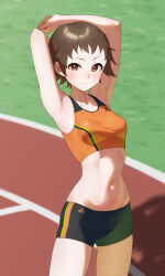  24riside absurdres armpits arms_up bike_shorts black_shorts blush brown_hair collarbone commission female flipped_hair grass highres idolmaster idolmaster_cinderella_girls kitagawa_mahiro looking_at_viewer navel orange_sports_bra outdoors pixiv_commission running_track short_hair shorts smile solo sports_bra stomach stretching thighs track_and_field very_short_hair 