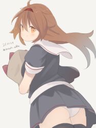  ahoge ass bag black_serafuku black_shirt black_skirt black_thighhighs brown_eyes brown_hair commentary_request dated female food from_behind grey_background hair_flaps highres kantai_collection long_hair one-hour_drawing_challenge panties paper_bag pleated_skirt red_hair sailor_collar sailor_shirt satsuki_tooka school_uniform serafuku shiratsuyu_(kancolle) shiratsuyu_kai_ni_(kancolle) shirt simple_background skirt solo sweet_potato thighhighs twitter_username underwear white_panties white_sailor_collar 