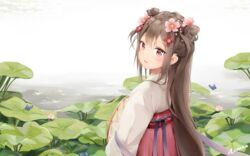  absurdres bad_id bad_pixiv_id blush brown_hair bug butterfly chinese_clothes commentary_request double_bun female flower from_behind hair_between_eyes hair_bun hair_flower hair_ornament hanfu hanfugirl haruka_poi highres long_hair long_sleeves looking_at_viewer looking_back parted_lips pink_flower red_eyes skirt smile solo water 