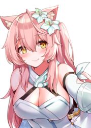  animal_ear_fluff animal_ears blush breasts cat_ears chinese_commentary cleavage commentary_request cosplay dress female flower genshin_impact hair_between_eyes hair_flower hair_ornament highres hiiro_(vtuber) indie_virtual_youtuber large_breasts long_hair looking_at_viewer lumine_(genshin_impact) lumine_(genshin_impact)_(cosplay) one_side_up pink_hair simple_background sleeveless sleeveless_dress smile solo upper_body virtual_youtuber watchdog_rol_(y1104280730) white_background white_dress white_flower yellow_eyes 