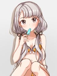  bikini braid braided_bangs breasts brown_eyes cleavage eating female food grey_background grey_hair hisakawa_nagi idolmaster idolmaster_cinderella_girls long_hair looking_at_viewer low_twintails naruse_nagi navel orange_bikini polka_dot polka_dot_bikini popsicle simple_background sitting small_breasts solo swimsuit twintails 