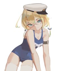  absurdres acccty blonde_hair commentary_request female glasses green_eyes hat highres i-8_(kancolle) kantai_collection long_hair looking_at_viewer low_twintails name_tag peaked_cap red-framed_eyewear school_swimsuit simple_background sitting solo swimsuit thighhighs twintails white_background white_hat white_thighhighs yokozuwari 