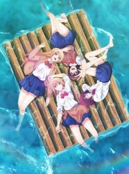  4girls amatani_mutsu bare_legs barefoot blonde_hair blu-ray_cover blue_skirt bow bowtie brown_hair clothes_around_waist cover dvd_cover full_body glasses jpeg_artifacts kujou_shion long_hair looking_at_viewer lying miniskirt multiple_girls nishio_junnosuke ocean official_art on_back on_side onishima_homare open_mouth partially_submerged raft red-framed_eyewear red_bow red_bowtie school_uniform shirt skirt sleeves_rolled_up smile sounan_desuka? suzumori_asuka sweater_vest water white_shirt 