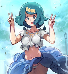  :d blue_skirt breasts bright_pupils clothes_lift collarbone commentary day double_v ero_kaeru falling_leaves female frills green_eyes green_hair hands_up lana&#039;s_mother_(pokemon) leaf leaning_forward long_hair looking_at_viewer mature_female navel no_sclera open_mouth outdoors panties pokemon pokemon_(anime) pokemon_sm_(anime) shirt short_sleeves skirt skirt_lift smile solo underwear v white_pupils 