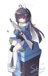  absurdres black_hair blue_archive blue_serafuku blue_shirt blue_skirt blush dirty dirty_clothes female full_body gun halo headgear highres knee_pads long_hair long_sleeves miyu_(blue_archive) panties panties_under_pantyhose pantyhose pleated_skirt red_eyes rifle sailor_collar school_uniform serafuku shirt shoe_print simple_background single_knee_pad sitting skirt solo two-sided_fabric two-sided_skirt underwear vanishedstar very_long_hair weapon white_background white_panties white_pantyhose white_sailor_collar 