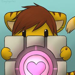  1:1 2014 ambiguous_gender chibi ear_piercing ear_ring felid gabe_(mytigertail) looking_at_viewer mammal mytigertail pantherine piercing portal_(series) ring_piercing signature solo tiger valve weighted_companion_cube 