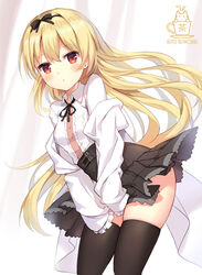  aliter arifureta_shokugyou_de_sekai_saikyou black_bow black_ribbon black_skirt black_thighhighs blonde_hair blush bow breasts closed_mouth collared_shirt commentary female hair_between_eyes hairbow highres jacket leaning_forward logo long_hair long_sleeves neck_ribbon off_shoulder pleated_skirt red_eyes ribbon shirt skindentation skirt sleeves_past_fingers sleeves_past_wrists small_breasts solo thighhighs very_long_hair white_jacket white_shirt yue_(arifureta) 