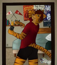  2014 bed bedroom book brown_eyes canid canine cellphone clothing ear_piercing electronics english_text felid fox furniture generation_1_pokemon hair hoodie inside long_tail male mammal monitor mytigertail nintendo pantherine phone piercing pikachu plushie pokemon pokemon_(species) poster shelf smartphone solo tail text tiger topwear wallpaper 