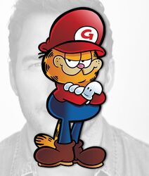  1boy blue_pants brown_footwear chris_pratt commentary cosplay crossed_arms doc_shoddy english_commentary full_body garfield garfield_(character) gloves hat jim_davis_(style) looking_at_viewer male_focus mario mario_(cosplay) mario_(series) pants photo_background real_life red_hat red_shirt shirt smug solo standing the_super_mario_bros._movie toon_(style) voice_actor_connection white_gloves 