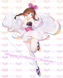  adapted_costume bare_arms bare_shoulders black_footwear blue_hair blunt_bangs braid breasts brown_hair character_name chinese_commentary cleavage collarbone colorful commentary_request dot_nose dress elbow_gloves eyelashes female floating_hair frilled_dress frills full_body gloves hair_ribbon happy happy_birthday head_tilt heart heart_background highres jumping kizuna_ai kizuna_ai_inc. leg_up long_dress looking_at_viewer medium_breasts multicolored_background multicolored_hair orange_hair orry pale_color photoshop_(medium) pink_hair pink_ribbon plaid plaid_background polka_dot ribbon shadow shoes simple_background skirt_hold smile solo standing standing_on_one_leg strapless strapless_dress streaked_hair thighhighs thighs twin_braids twintails virtual_youtuber wavy_mouth white_background white_dress white_gloves white_thighhighs zettai_ryouiki 