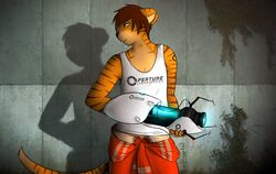  2014 amber_eyes anthro aperture brown_hair brown_nose chamber claws clothing countershading digital_media_(artwork) felid fur gabe_(mytigertail) hair hi_res jumpsuit male mammal moss mytigertail orange_body orange_fur pantherine plant portal_(series) portal_gun shirt solo tank_top tiger topwear valve 