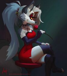  anthro bottomwear breasts canid canid_demon canine clothed clothing collar demon ear_piercing ear_ring eyebrow_piercing facial_piercing female fluffy fluffy_tail fur grey_hair hair hellhound helluva_boss looking_at_viewer loona_(helluva_boss) mammal markuserdtart mythological_canine mythological_creature mythology piercing red_sclera ring_piercing shorts solo spiked_collar spikes spread_legs spreading tail topwear under_boob white_body white_fur 