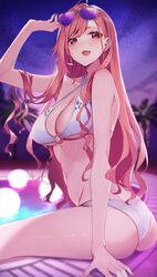  absurdres ahoge arisugawa_natsuha ass bikini blurry blurry_background blush breasts cleavage eyewear_on_head female highres idolmaster idolmaster_shiny_colors large_breasts long_hair looking_back megurumiru milky_way navel night night_sky o-ring o-ring_bikini official_alternate_costume orange_hair pool poolside sitting sky smile solo star_(sky) swimsuit tinted_eyewear very_long_hair white_bikini 