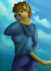  2013 anthro blue_eyes clothing cloud countershading felid female hi_res hoodie lion looking_at_viewer looking_back mammal mytigertail pantherine signature sky smile solo standing text topwear url 