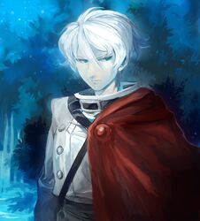  1boy arm_at_side bad_id bad_pixiv_id belt blue_eyes cape dumas fantastic_children forest hair_between_eyes kashikoma male_focus nature outdoors pale_skin red_cape serious solo upper_body water white_hair 