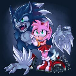  1:1 2021 absurd_res accessory amy_rose anthro black_nose boots bracelet claws clothing dress duo eulipotyphlan eyelashes fangs female finger_claws footwear gloves green_eyes hair hair_accessory hairband handwear hedgehog hi_res jewelry male mammal open_mouth pink_hair sega sharp_teeth signature sonic_the_hedgehog_(series) sonic_the_werehog sonic_unleashed teeth were wereeulipotyphlan werehog wizaria 