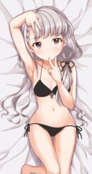  arm_up armpits ass_visible_through_thighs bad_id bad_pixiv_id bed bikini black_bikini braid braided_bangs breasts brown_eyes cleavage commentary_request double_v female grey_hair hisakawa_nagi idolmaster idolmaster_cinderella_girls long_hair low_twintails lying naruse_nagi navel on_back side-tie_bikini_bottom small_breasts solo swimsuit thigh_gap twintails v 