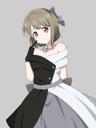  absurdres asymmetrical_hair bare_shoulders belt black_belt black_bow black_dress black_gloves bob_cut bow buttons choker closed_mouth collarbone dress evening_gown female gloves grey_hair hairbow highres hoenn_(jgm1102) huge_bow jewelry lace lace_gloves love_live! love_live!_nijigasaki_high_school_idol_club multicolored_clothes nakasu_kasumi necklace off-shoulder_dress off_shoulder pointing pointing_at_self red_eyes short_hair sleeveless sleeveless_dress smile solitude_rain_(love_live!) solo two-tone_dress white_dress 