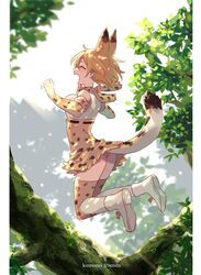  :d animal_ear_fluff animal_ears bare_shoulders bey_(bey01st) blonde_hair bow bowtie branch closed_eyes commentary elbow_gloves extra_ears female gloves high-waist_skirt jumping kemono_friends oerba_yun_fang open_mouth outdoors print_bow print_bowtie print_gloves print_skirt print_thighhighs serval_(kemono_friends) serval_print shirt short_hair skirt sleeveless smile solo tail thighhighs tree white_shirt 