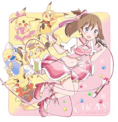  bow bracelet brown_hair clenched_hand cosplay_pikachu earrings female full_body holding holding_microphone jewelry may_(pokemon) microphone midriff navel open_mouth pikachu pikachu_belle pikachu_libre pikachu_phd pikachu_pop_star pikachu_rock_star pink_bow pink_footwear pokeblock pokemon pokemon_(creature) pokemon_oras ribbon riz_(ravel_dc) shoes skirt star_(symbol) 