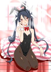  animal_ears black_hair black_leotard blurry blurry_background blush bow bowtie bunny_day commentary_request detached_collar fake_animal_ears female flat_chest hair_between_eyes hairbow hand_on_own_cheek hand_on_own_face highres indoors leotard light_rays long_hair looking_at_viewer navel open_mouth ore_twintail_ni_narimasu pantyhose pillow playboy_bunny rabbit_ears red_bow red_bowtie red_eyes seiza sidelocks sitting solo swept_bangs tsube_aika twintails very_long_hair wrist_cuffs yuto_(dialique) 