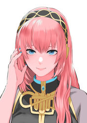  blue_eyes blue_nails close-up commentary female hand_in_own_hair headband light_smile looking_at_viewer medium_hair megurine_luka meriko pink_hair portrait solo straight-on vocaloid 