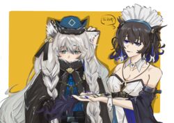  2girls animal_ears arknights black_hair black_jacket blue_dress blue_eyes blue_hair blue_headwear blue_lips braid breasts chinese_commentary cleavage commentary_request detached_sleeves dress drop_shadow grey_eyes grey_hair highres holding jacket jewelry kjera_(arknights) kjera_(ingenious_servant)_(arknights) leopard_ears long_hair looking_at_viewer maid maid_headdress medium_breasts multicolored_hair multiple_girls official_alternate_costume pendant pramanix_(arknights) pramanix_(caster&#039;s_frost)_(arknights) short_hair strapless strapless_dress twin_braids upper_body very_long_hair white_dress xiangchidianfenchangnie 