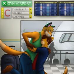  1:1 2014 airport anthro blue_eyes canid canine closed_eyes clothing countershading duo_focus english_text equid equine felid fox group hi_res horse hug male mammal mytigertail pantherine public silhouette smile text tiger trio 