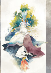  1boy awaguri cape closed_eyes copyright_name dress dumas earrings fantastic_children female flower hair_between_eyes highres hug jewelry long_hair painting_(medium) red_cape sidelocks tina_(fantastic_children) traditional_media watercolor_(medium) white_dress white_hair 