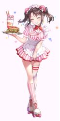  ^_^ absurdres alternate_hairstyle animal_ears apron apron_tug asymmetrical_legwear bang_dream! bear_ears black_hair burger character_name closed_eyes collared_dress commentary_request dress fake_animal_ears female food frilled_apron frilled_hairband frills full_body gen_(gen_m_gen) grin hair_ornament hairband hairclip hairpin heart highres kneehighs michelle_(bang_dream!) mismatched_legwear name_tag neckerchief okusawa_misaki parfait pink_dress pink_legwear red_neckerchief roller_skates short_sleeves sidelocks single_kneehigh single_sock single_thighhigh skates smile socks solo striped_clothes striped_dress striped_socks thighhighs twintails uneven_legwear vertical-striped_clothes vertical-striped_dress vertical-striped_socks waitress white_legwear 