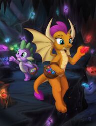  3_fingers 3_toes absurd_res basket collecting collecting_gems container dragon duo feet female fingers friendship_is_magic gem gem_cave hasbro hi_res horn male my_little_pony mythological_creature mythological_scalie mythology scalie sirzi smolder_(mlp) spike_(mlp) tail toes wings 