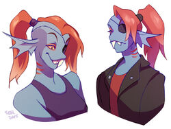  anthro blue_body blue_skin clothing eye_patch eyewear female fin fish gills ground-lion hair jacket marine red_clothing red_hair red_shirt red_topwear shirt simple_background solo tank_top topwear undertale_(series) undyne yellow_sclera 