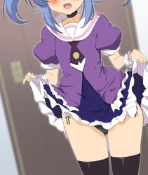  :d ass_visible_through_thighs black_choker black_panties black_thighhighs blue_hair blurry blurry_background blush choker clothes_lift commentary_request depth_of_field door female frilled_skirt frills head_out_of_frame kurobane_alice lifting_own_clothes momio oerba_yun_fang open_mouth panties puffy_short_sleeves puffy_sleeves purple_shirt purple_skirt sailor_collar shadowverse shadowverse_(anime) shirt short_sleeves side-tie_panties sidelocks skirt skirt_lift smile solo standing thighhighs twintails underwear white_sailor_collar wrist_cuffs 