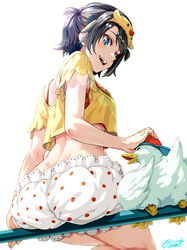  ass black_hair bloomers blue_eyes bra bra_peek bra_strap breasts buru-dai commentary_request crop_top crop_top_overhang cropped_shirt dimples_of_venus female foreshortening hairband highres hololive looking_at_animal loungewear median_furrow medium_breasts midriff narrow_waist official_alternate_costume official_alternate_hairstyle on_railing oozora_subaru oozora_subaru_(loungewear) open_mouth orange_bra petting polka_dot polka_dot_bloomers railing shirt short_hair short_sleeves signature smile solo subaru_duck swept_bangs two_side_up underwear virtual_youtuber white_bloomers wide_hips yellow_hairband yellow_shirt 