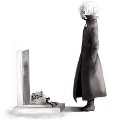  black_coat blue_eyes boots coat fantastic_children female flower full_body greyscale hair_over_one_eye hands_in_pockets miho_(mi) monochrome photoshop_(medium) profile short_hair simple_background soreto spot_color standing tombstone white_background 