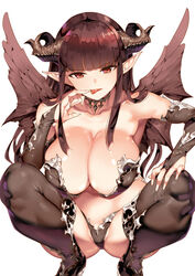  bare_shoulders blunt_bangs blush breasts bridal_gauntlets brown_hair brown_thighhighs cleavage collarbone commentary_request demon_girl demon_horns demon_tail demon_wings female finger_to_mouth horns large_breasts long_hair looking_at_viewer navel original pinky_to_mouth pointy_ears red_eyes revealing_clothes saburou_(hgmg) simple_background smile solo squatting tail thighhighs tongue tongue_out white_background wings 