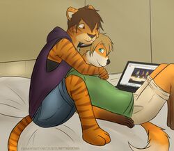  2014 anthro bed brown_eyes clothing computer countershading duo electronics felid furniture hug hugging_another hugging_from_behind inside laptop male male/male mammal mytigertail on_bed pantherine sitting text tiger url 