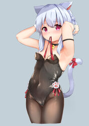  animal_ears armpits bare_shoulders bell black_collar black_leotard black_pantyhose blush bow braid breasts cat_ears cat_girl cat_tail closed_mouth collar commentary_request covered_navel cropped_legs female grey_background grey_hair hair_between_eyes hair_tie_in_mouth hands_up highres jingle_bell leotard mouth_hold neck_bell original pantyhose playboy_bunny purple_eyes red_bow red_ribbon ribbon ribbon_in_mouth simple_background small_breasts solo sora_(silent_square) strapless strapless_leotard tail tail_bow tail_ornament tail_raised tsugumi-chan_(sora) tying_hair 