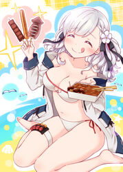  :q ^_^ bare_legs barefoot bikini black_bow blush bow braid breasts chopsticks cleavage closed_eyes closed_mouth collarbone commentary_request drawstring facing_viewer female flower food girls&#039;_frontline hair_flower hair_ornament hairbow harada_(sansei_rain) highres holding holding_food ikayaki jacket long_hair long_sleeves medium_breasts navel off_shoulder official_alternate_costume open_clothes open_jacket plaid sausage shotgun_shell side-tie_bikini_bottom sitting smile solo spas-12_(girls&#039;_frontline) spas-12_(midsummer_fruit)_(girls&#039;_frontline) swimsuit tongue tongue_out wariza white_bikini white_flower white_hair white_jacket yakisoba 